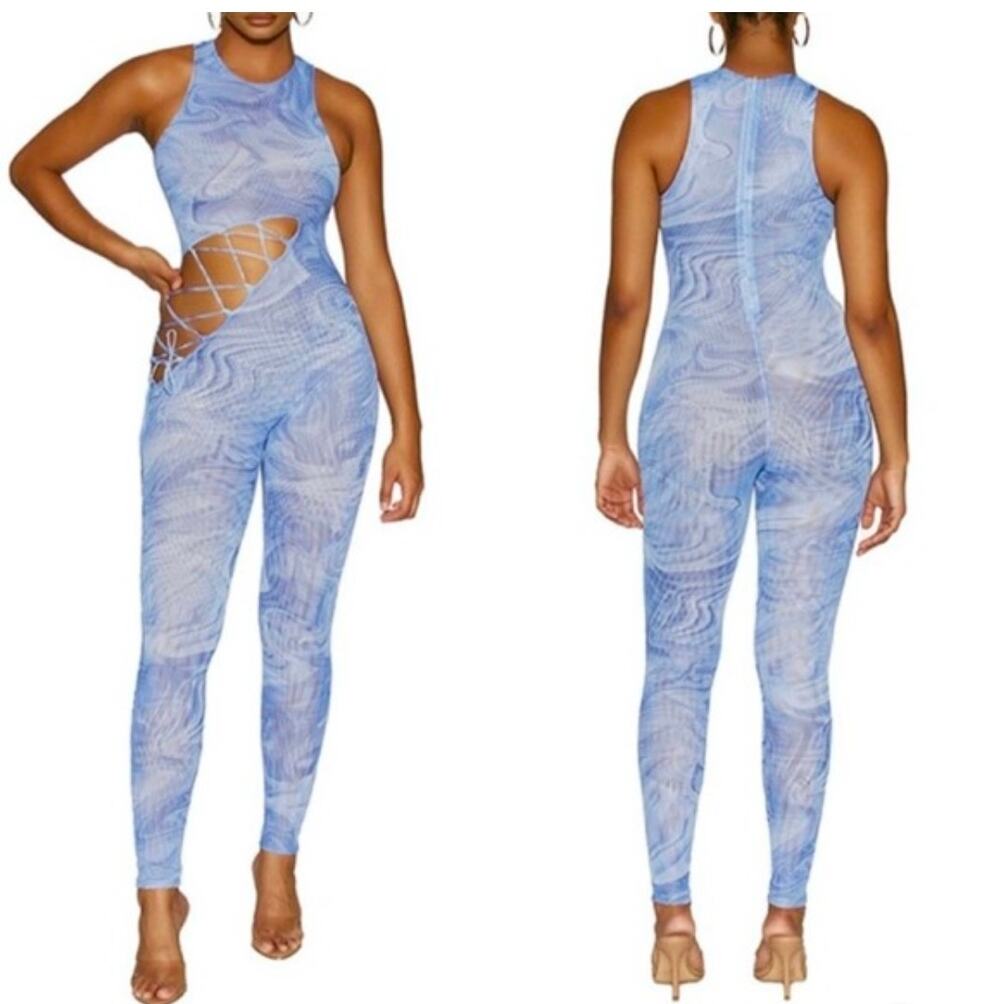 Naked Wardrobe No Strings Attached mesh marble blue jumpsuit size large